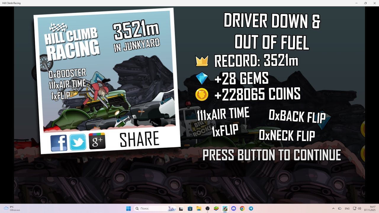 Hill Climb Racing: 3521m in Junkyard on Chopper (no boosters, no pets, no cartapults)
