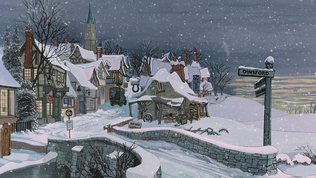 vintage winter oldies playing in another room (crackling fireplace & blizzard)