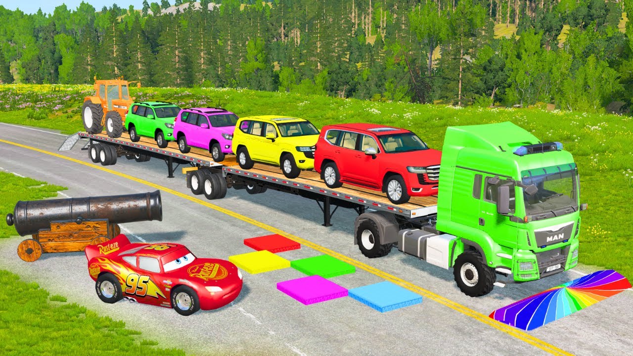 Flatbed Truck McQueen | Transportation with Truck - Pothole vs Car #65 | BeamNG.Drive Gameplay