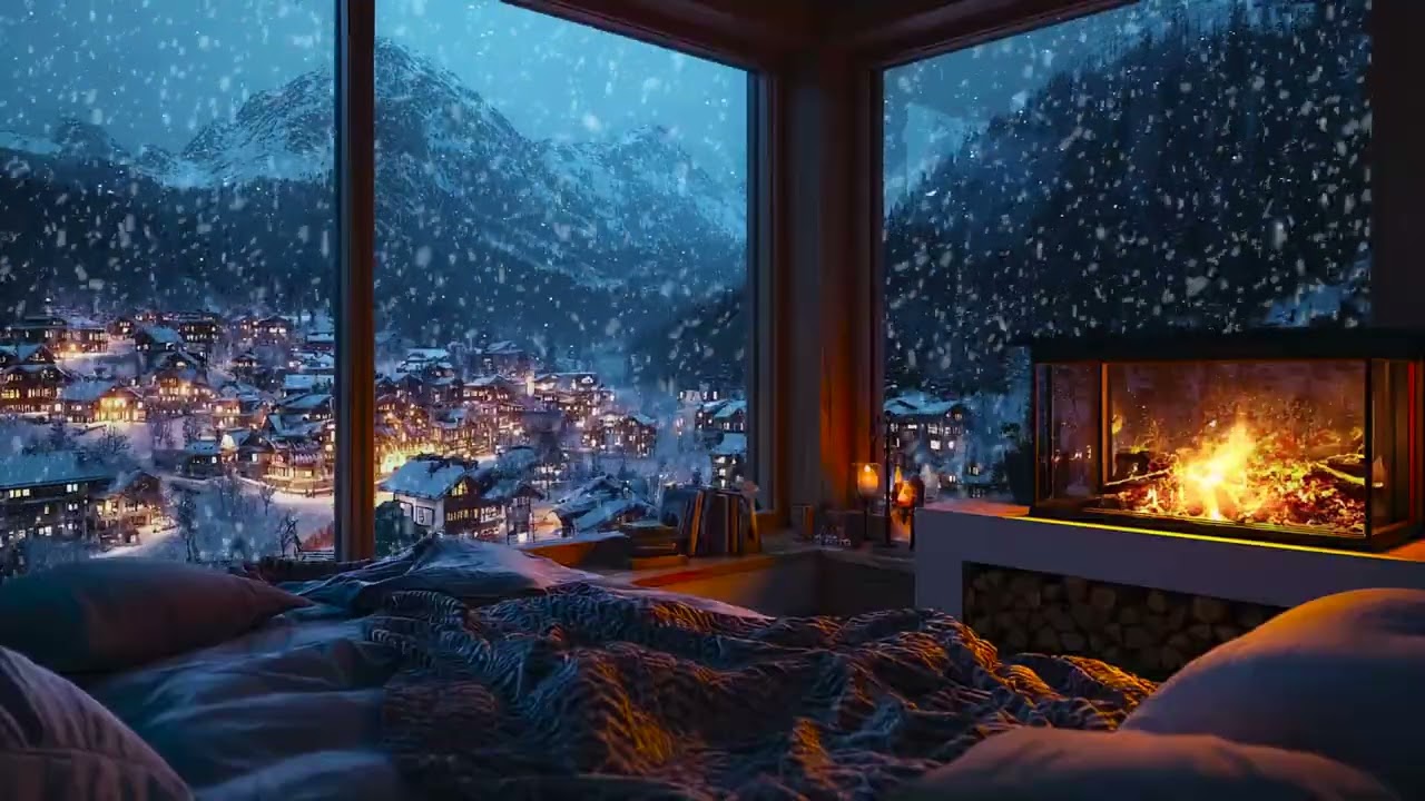 Snowfall Tapping on a Cabin Window with Warm Fireplace Glow for Deep Sleep and Peaceful Nights