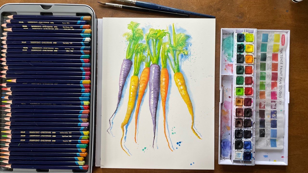 Simple Watercolor Carrots with Derwent Inktense Pencils and Inktense Palette