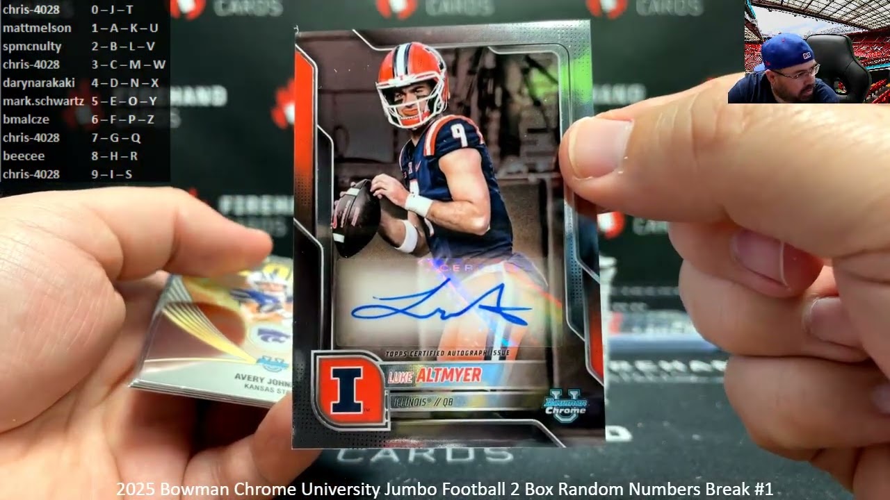 1/24/2026 2025 Bowman Chrome University Jumbo Football 2 Box Random Numbers Break #1