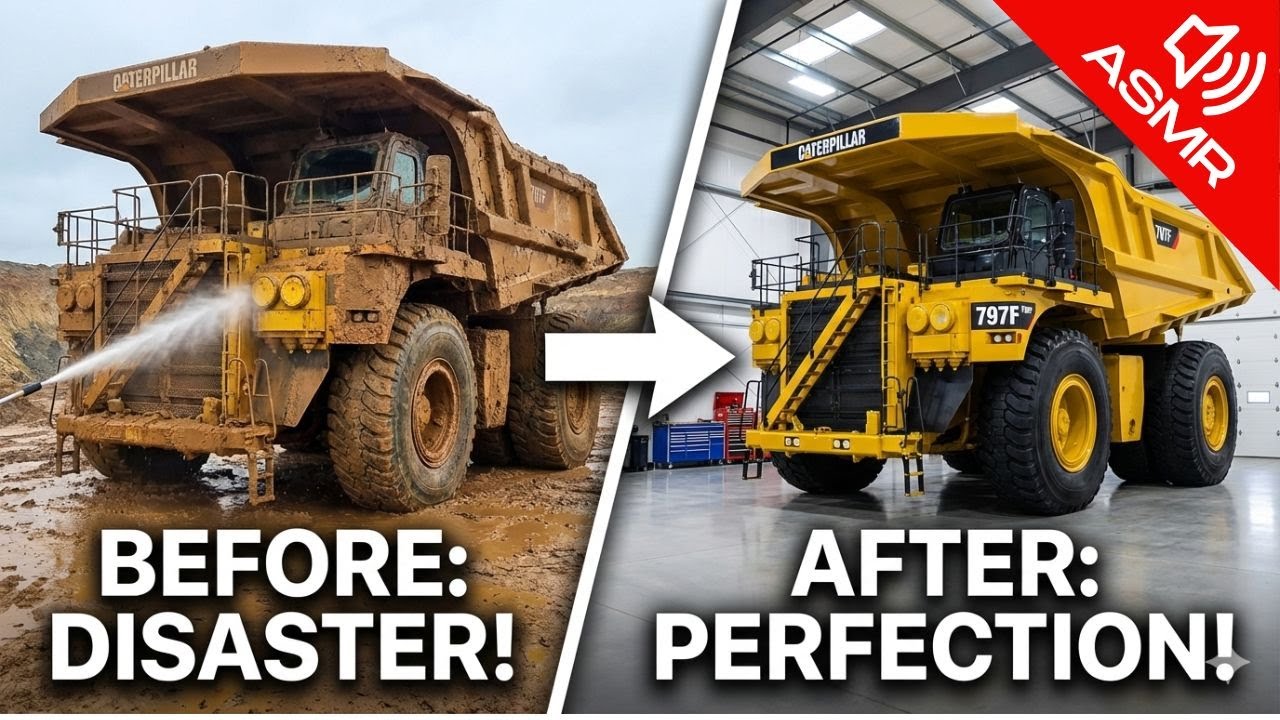 Extreme Detail car restoration: Cleaning a Disaster Caterpillar 797F in a Hangar | Satisfying ASMR