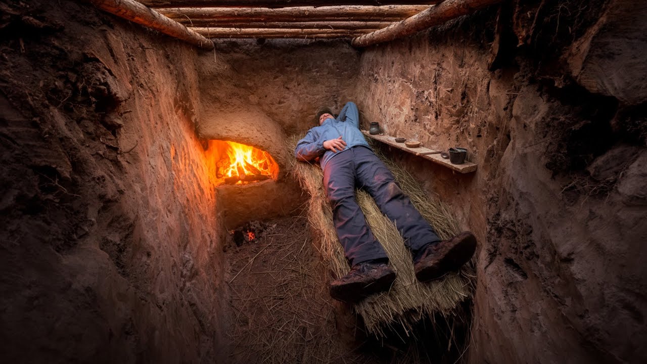 Building a hidden dugout under a stump. Warm secret shelter. Bushcraft