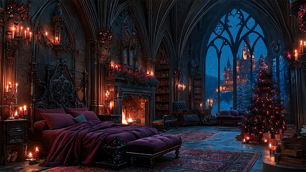 Warm Gothic Bedroom in Christmas Ambience❄️Dark Academia Music & Fireplace Sounds for Anxiety Relief