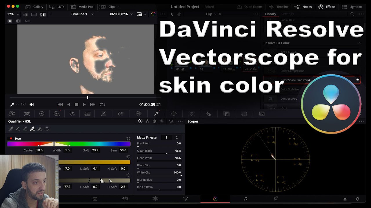 DaVinci Resolve VECTORSCOPE for perfect skin color  - newbie tutorial