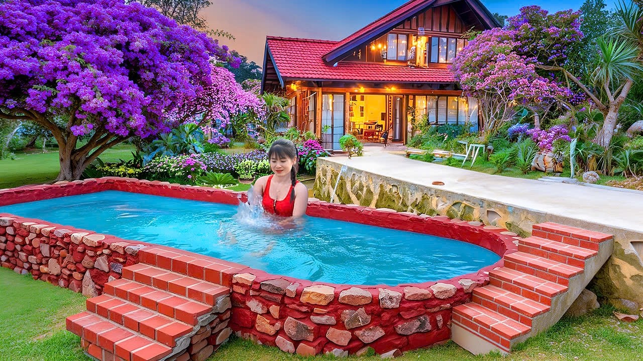 TIMELAPSE - A Girl Builds Dream Farm Completing Swimming Pool, Painting the Pool