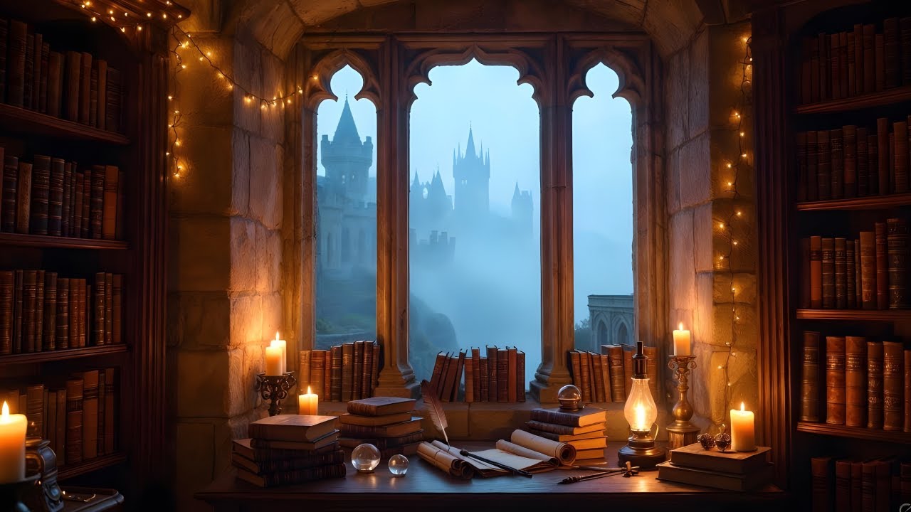 ✨ Hogwarts Library Vibes — Candlelight, Magic & Misty Castle Ambience ✨