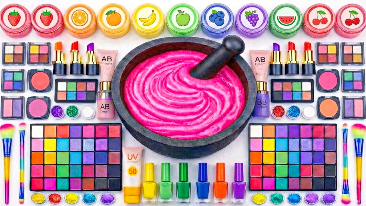 فيديو مرضي DIY سلايم ASMR | مزج مستحضرات التجميل اللامعة وأحمر الشفاه في سلايم قوس قزح