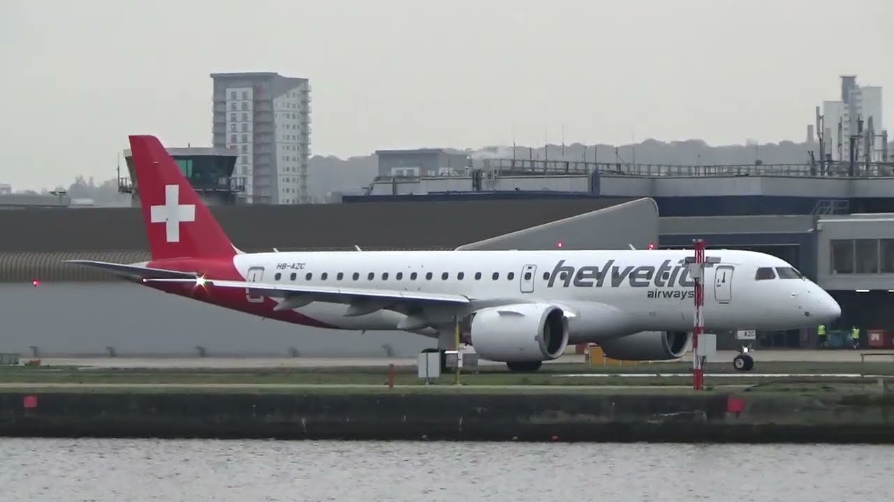 Helvetic Airways - Embraer E190E2 (ERJ-190-200STD) taxi and take-off from LCY Airport