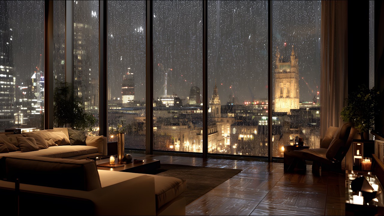 London Night Rain Outside a Luxury Apartment – Urban Sleep Ambience