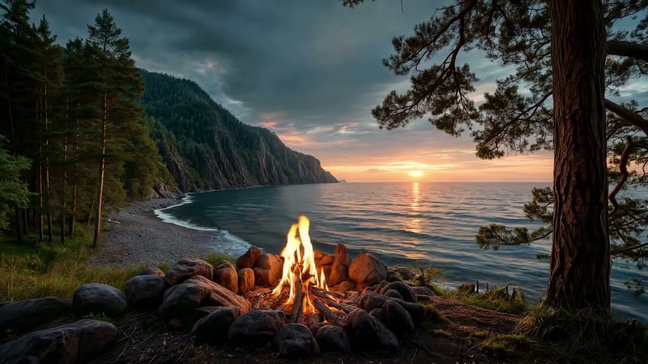A Quiet Ocean Coast with a Campfire at Sunset 🔥🌅 Evening Serenity