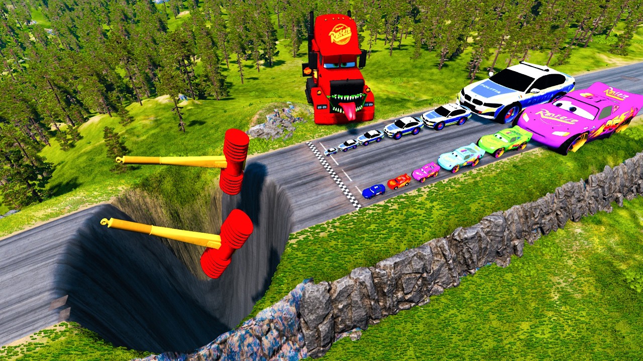 Big & Small McQueen & Police Car vs Zombie Mack, Giant Pit & Hammer - Downhill Race | BeamNG.drive