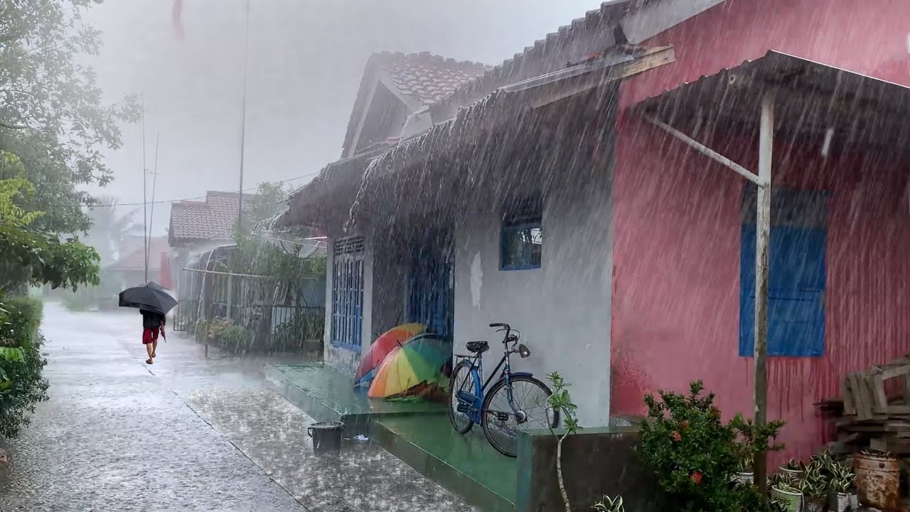 Heavy Rain and Lightning in Village Life,Strong storm conditions | Lightning Strike Sounds for Sleep