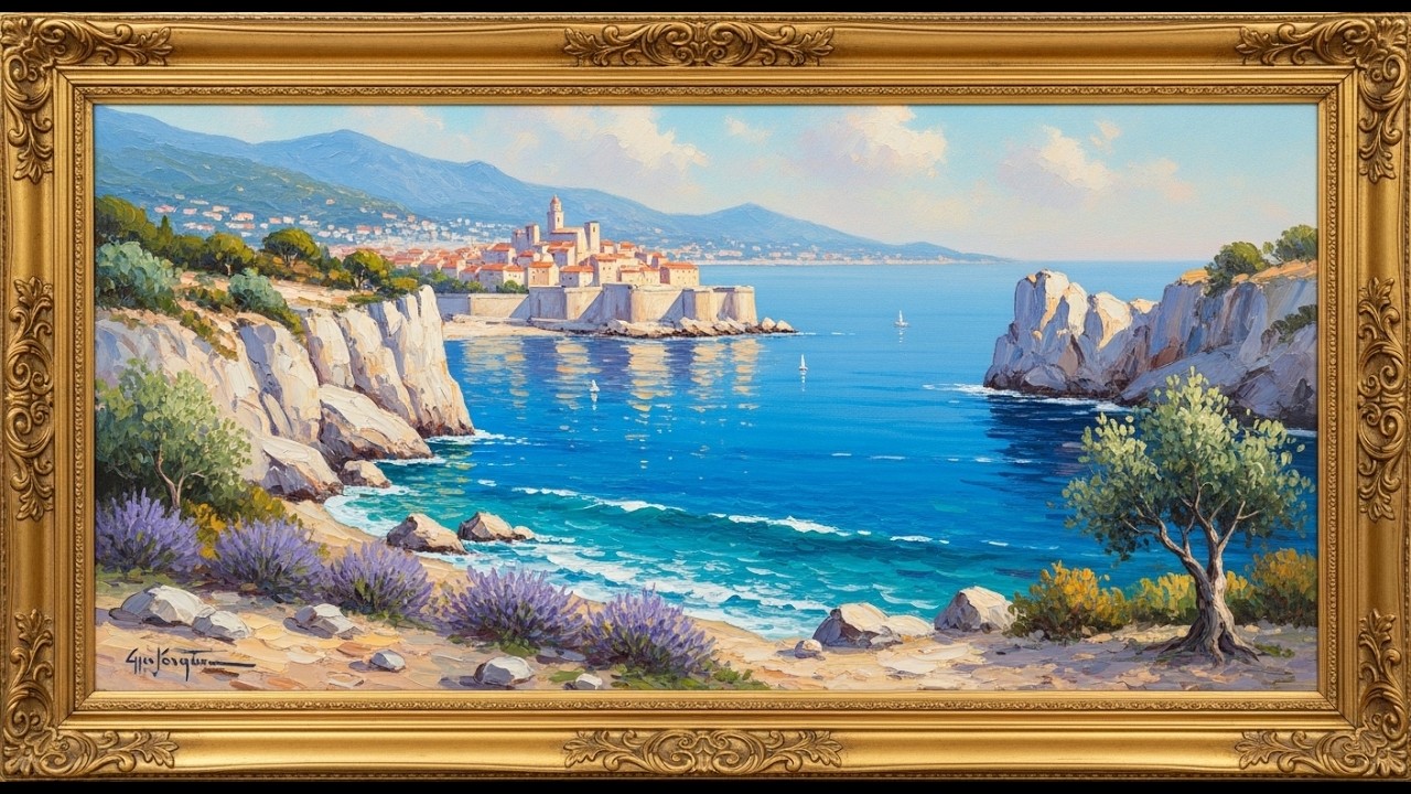 Frame TV Art: Classic Mediterranean Coastline with Coastal Village | 4K Ambient Art
