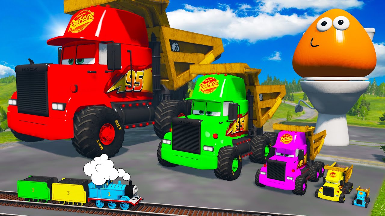 Big & Small Mack Mining Truck with Monster Truck Wheels - Long Cars vs Giant Pit - BeamNG.drive