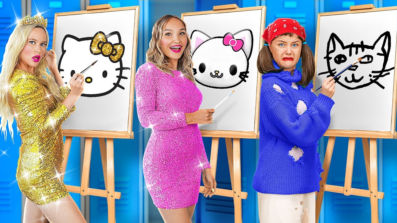 SUPER RICH VS RICH VS BROKE DRAWING CHALLENGE || DIY Painting Hacks by 123 GO!