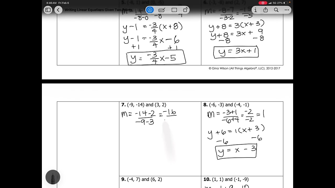 Algebra 1 Writing Linear Equations from Two Points