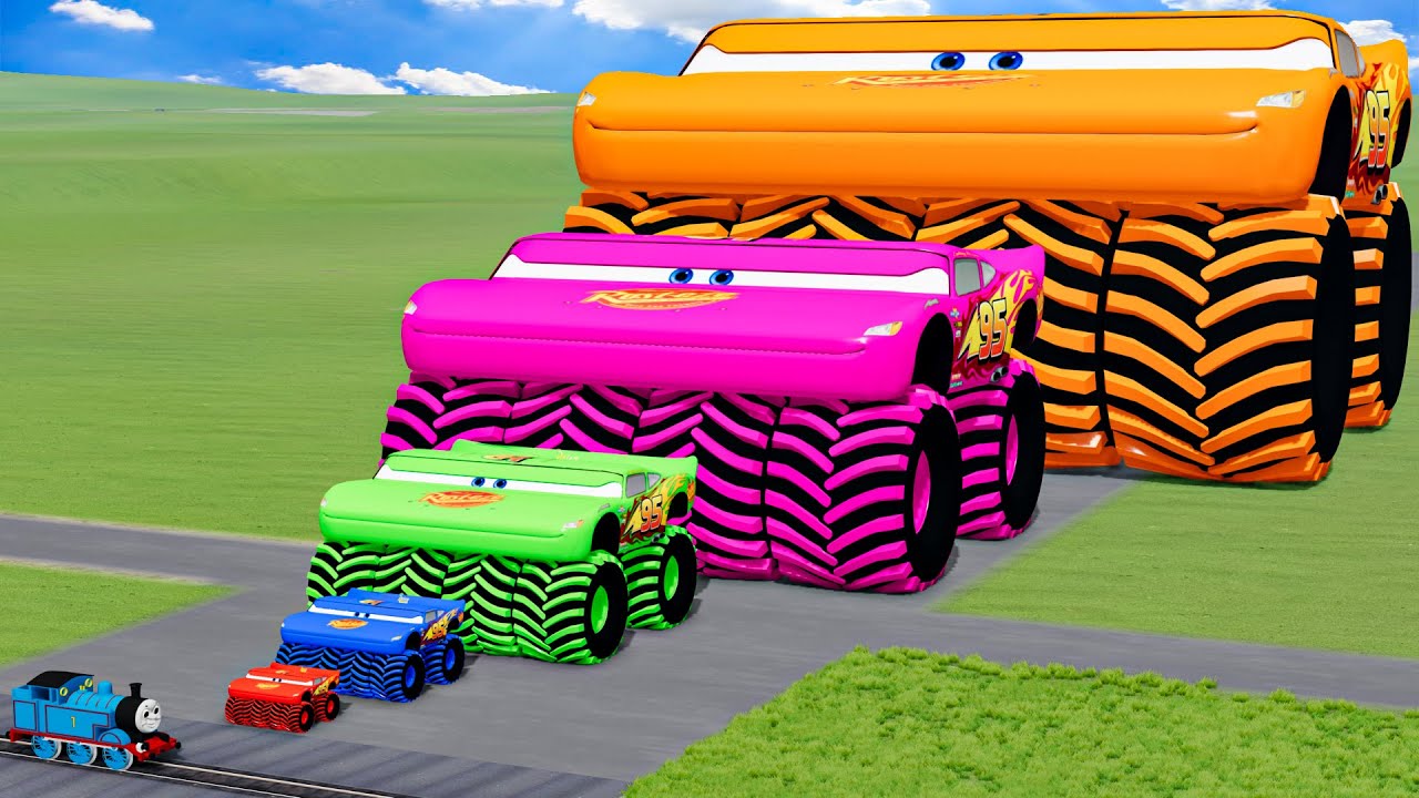 Big & Small Colors Wide Lightning Mcqueen Monster Truck vs Trains Thomas | BeamNG.Drive