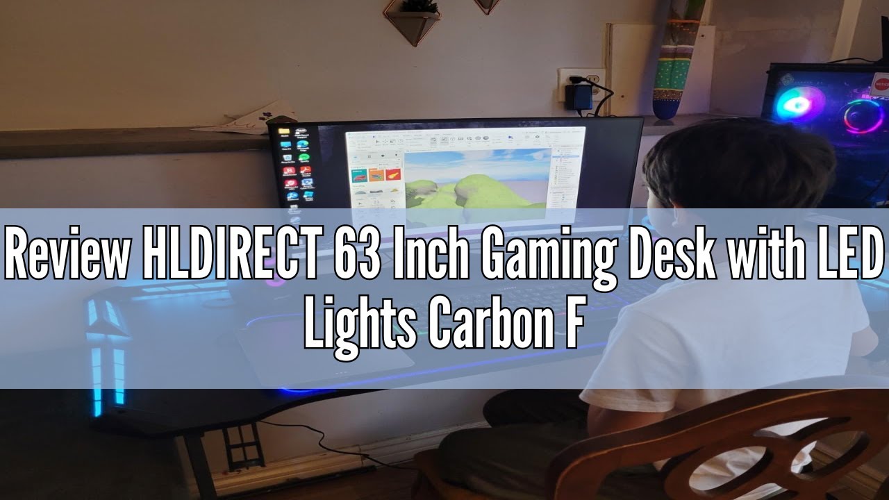 Review HLDIRECT 63 Inch Gaming Desk with LED Lights Carbon Fibre Surface Gaming Table Large Computer