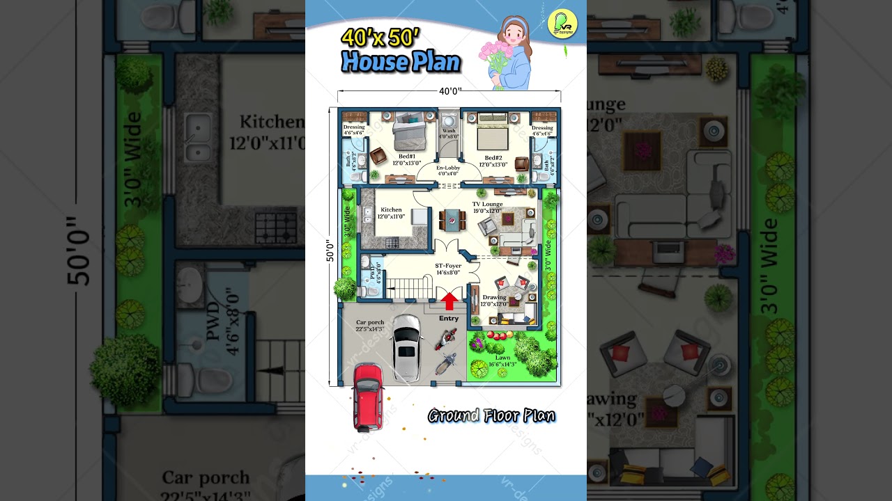 40&rsquo;&times; 50&rsquo; House Plan with 2 Car Parking & Lawn, 2BHK+Laundry,  40*50 #houseplan #indianhouseplan