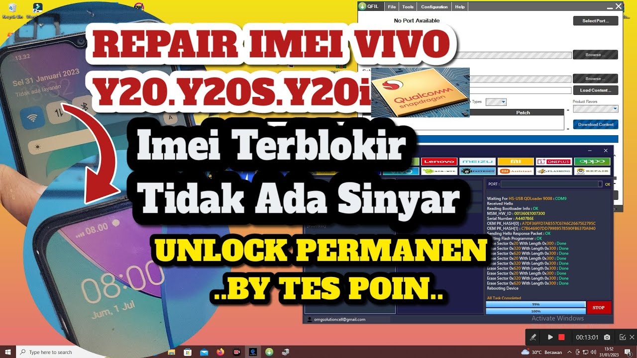 Repair Imei Vivo Y20,Y20S Y20i Qualcomm Permanen / Imei Terblokir,Tidak Ada Sinyar