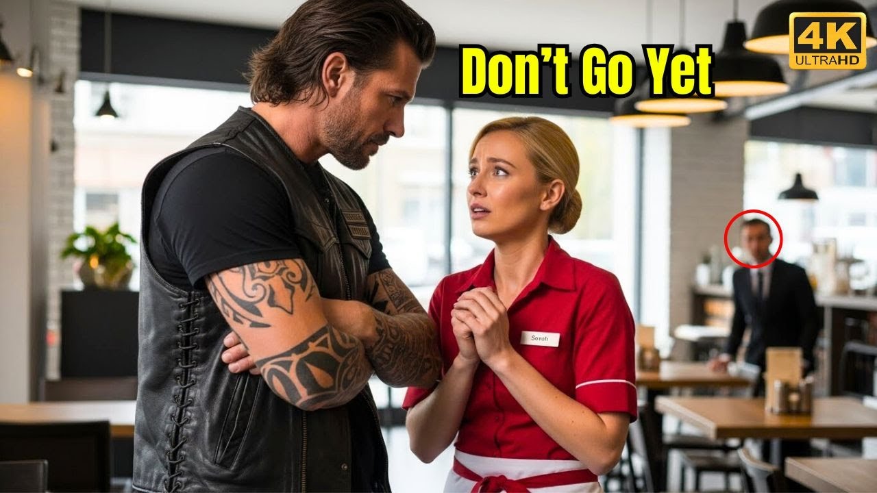 The Waitress Adjusted the Biker’s Vest — Then Quietly Said “Don’t Go”