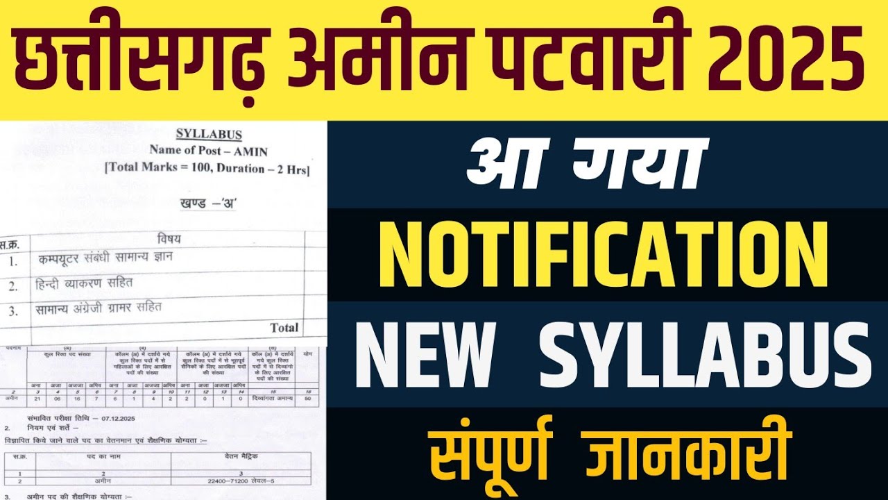 छत्तीसगढ़ अमीन पटवारी 2025 पाठ्यक्रम/CG AMIN PATWARI 2025 SYLLABUS/CG AMIN PATWARI 2025 NOTIFICATION