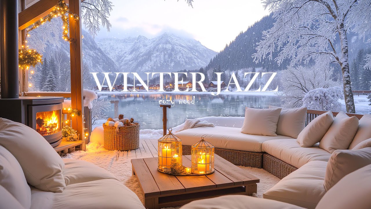 Cozy Winter Porch by the Lakeside ❄️ Relaxing Jazz & Crackling Fireplace Ambience 4K