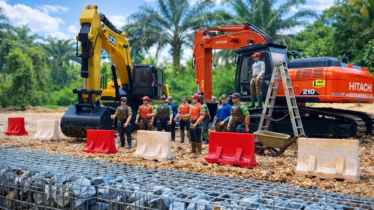 Strong Scale 1/16 : RC Excavator JCB & Huina 1580 & CAT Long Arm Making Gabion Cube Project