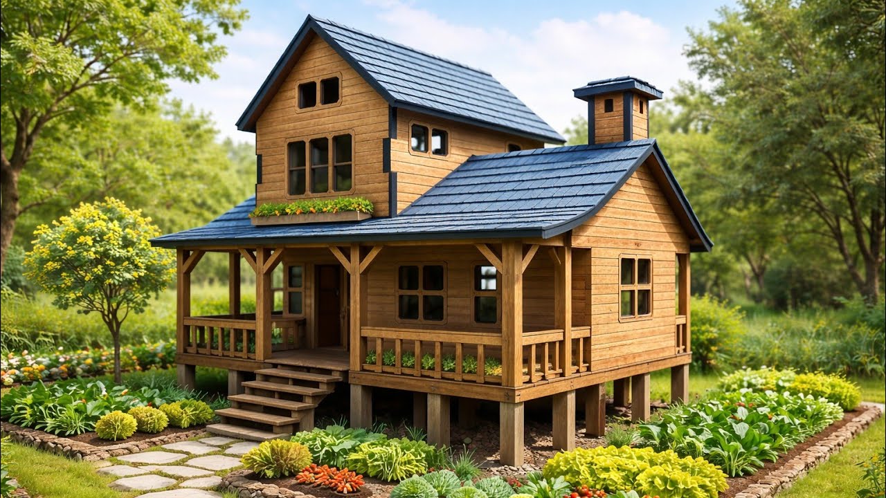 The couple with young children built a two-story wooden house, a kitchen, and made furniture.