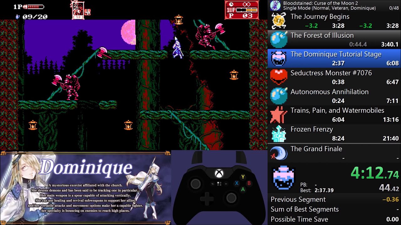 Bloodstained: Curse of the Moon 2 - Solo Dominique Normal Veteran Speedrun (08/20/2020) [45:27]