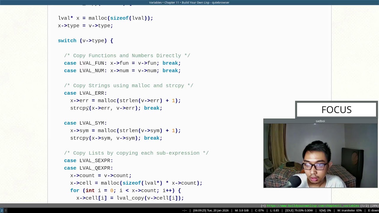 Study with me: learn C programming language by building our own lisp (Part 123)