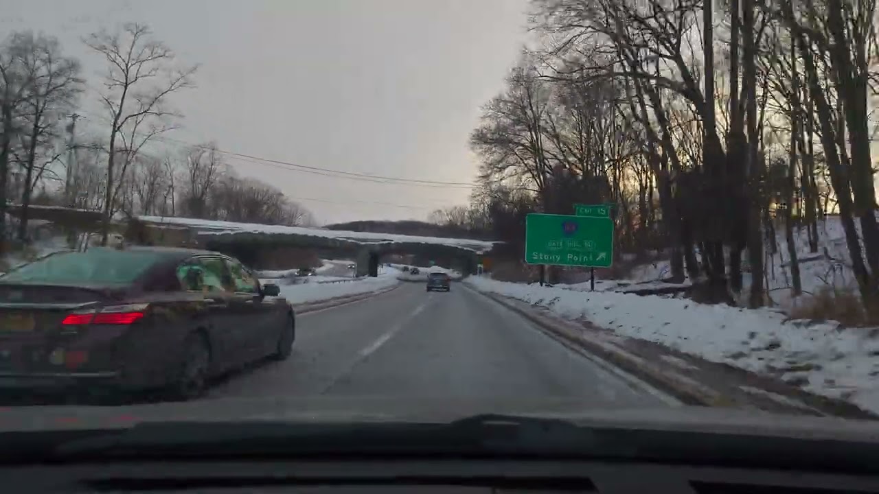 Driving Snow Plowed Palisades Parkway to New York City Late Afternoon Sunset 2026 Jan 28 NY NJ NYC