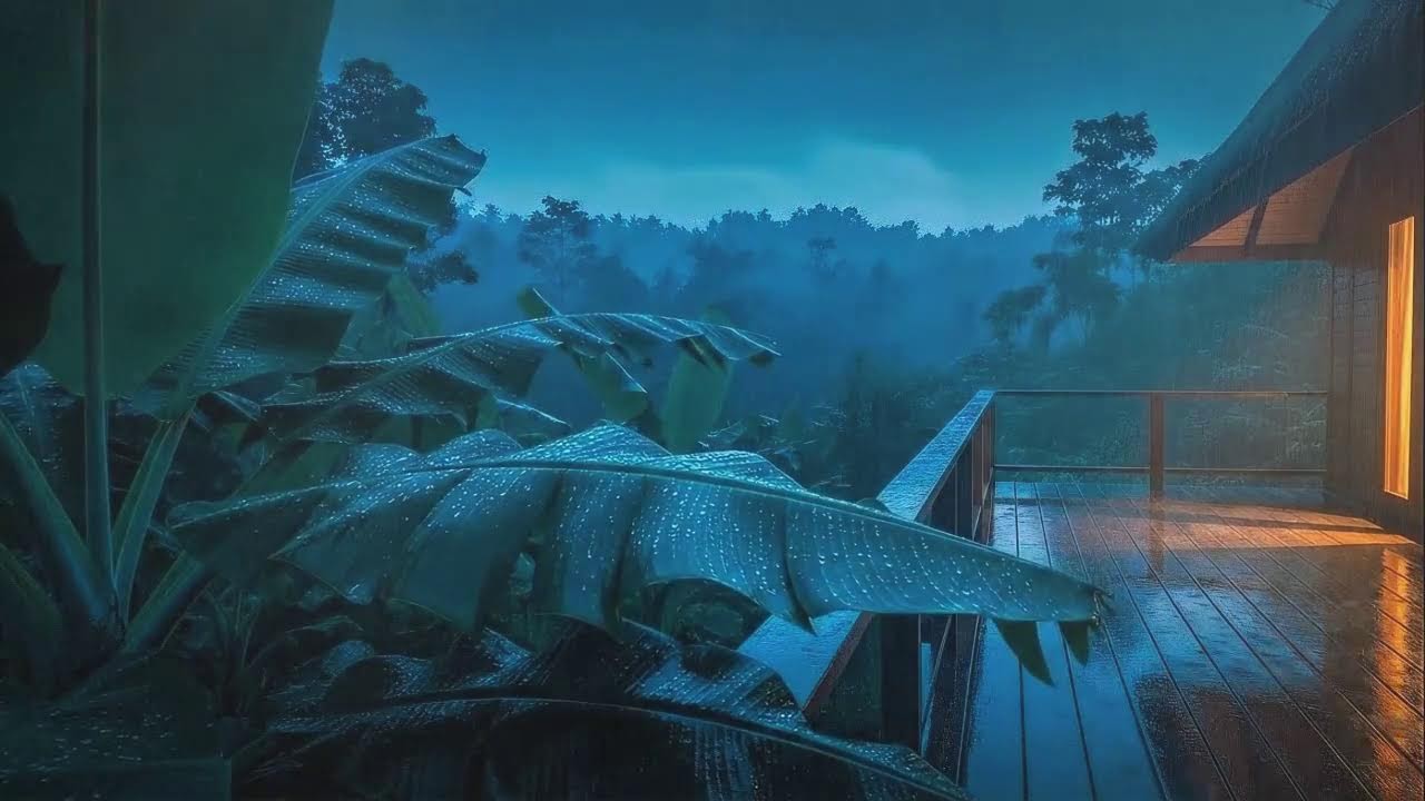 Quick Sleep with Warm Jungle Rain at Jungle Cabin and Rolling Thunder to Release Stress 🌧️