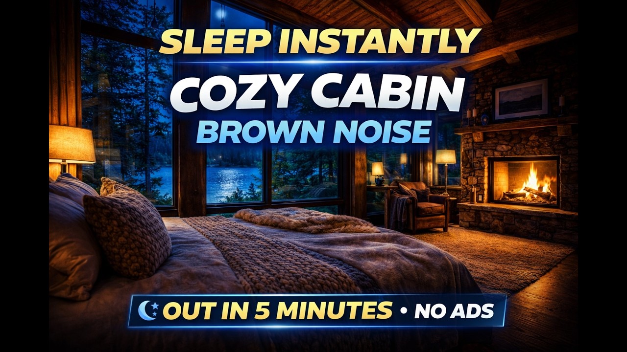 8 Hours Cozy Cabin Fireplace at Night | Brown Noise for Deep Sleep | Snowy Mountain View