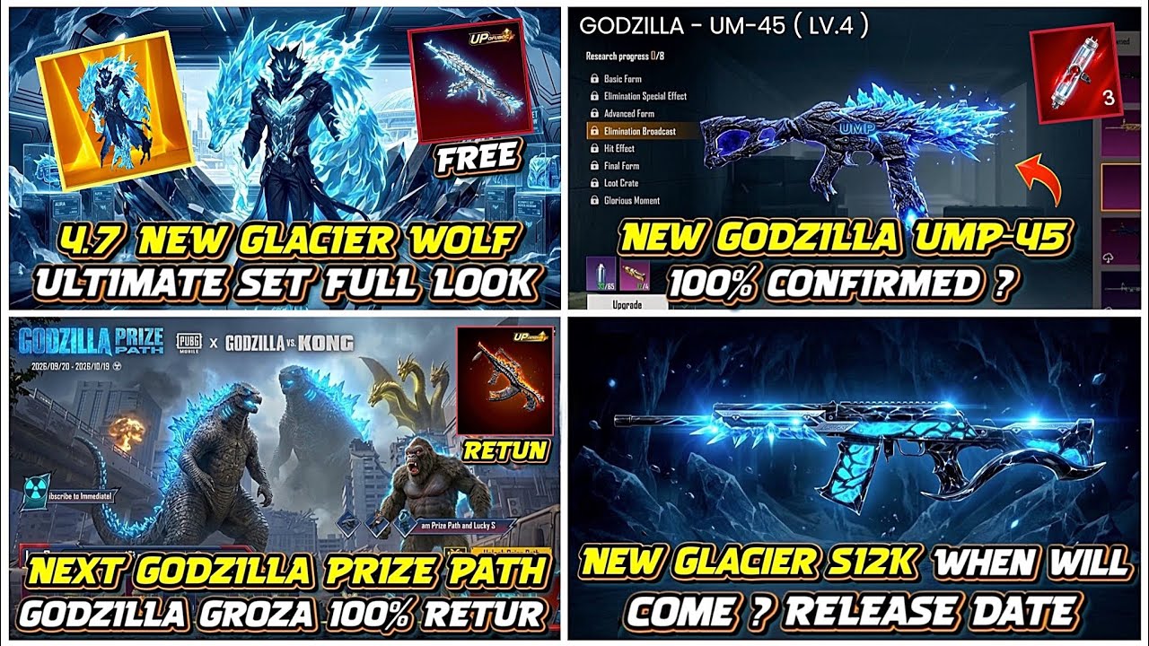 4.7 NEW GLACIER S12K😍| NEW GODZILLA UMP-45🥶| NEXT GLACIER WOLF ULTIMATE SET🔥| NEXT PRIZE PATH🤯PUBGM