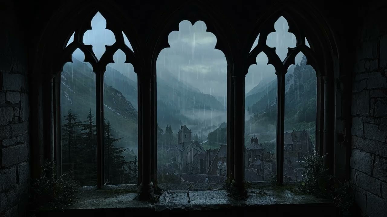 Medieval Castle Window 4K: Rainy View with Cozy Thunderstorm Sounds & Reading Ambience