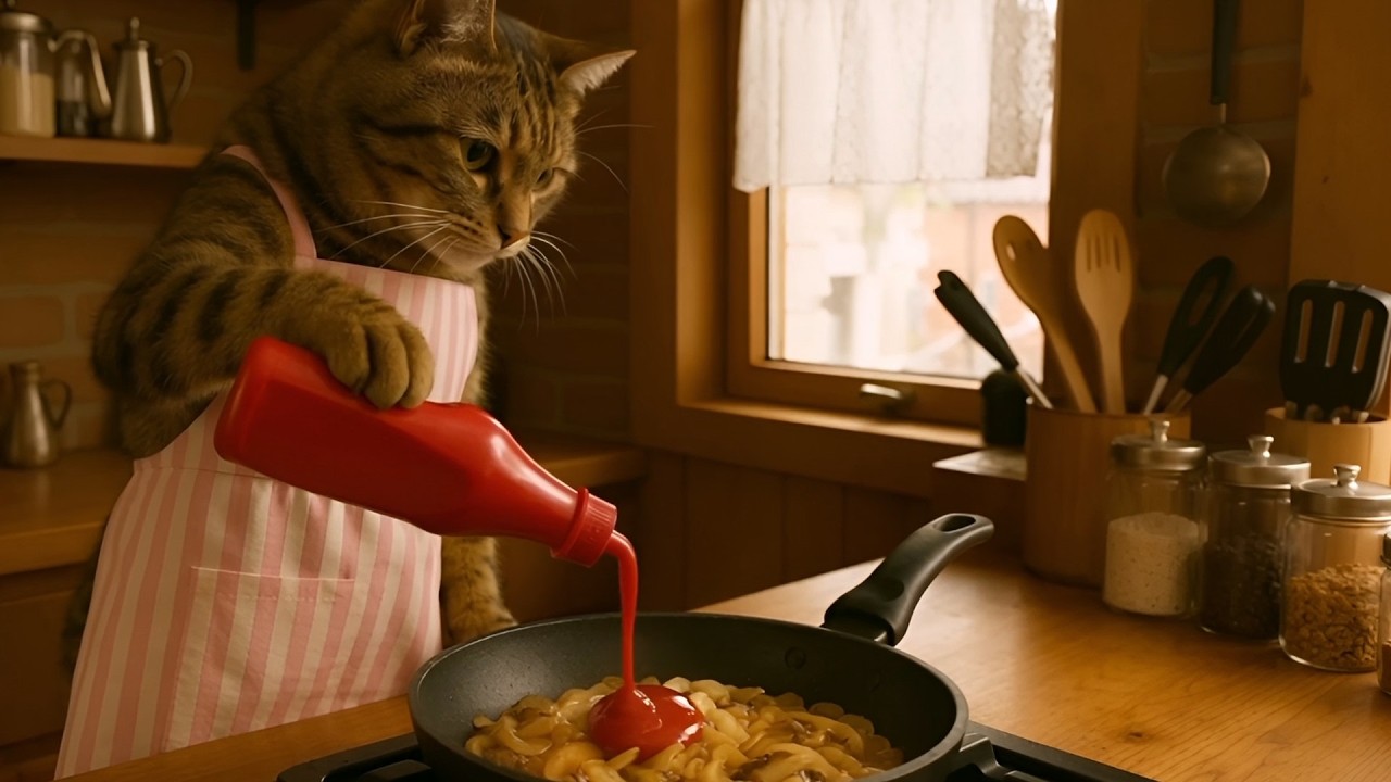 【AI Cat】キジトラ猫アンバーのポークチャップ作り！【料理】