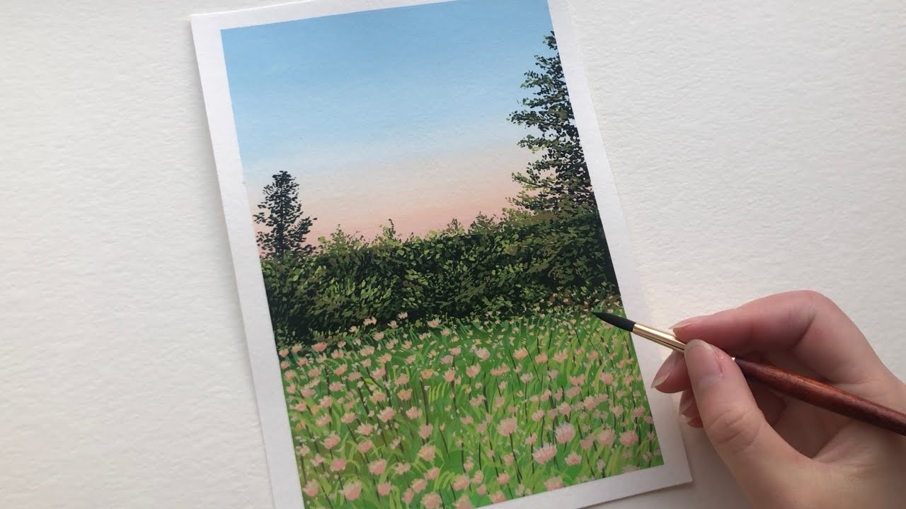 Gouache Real Time Tutorial | How to Paint a Field of Pink Flowers