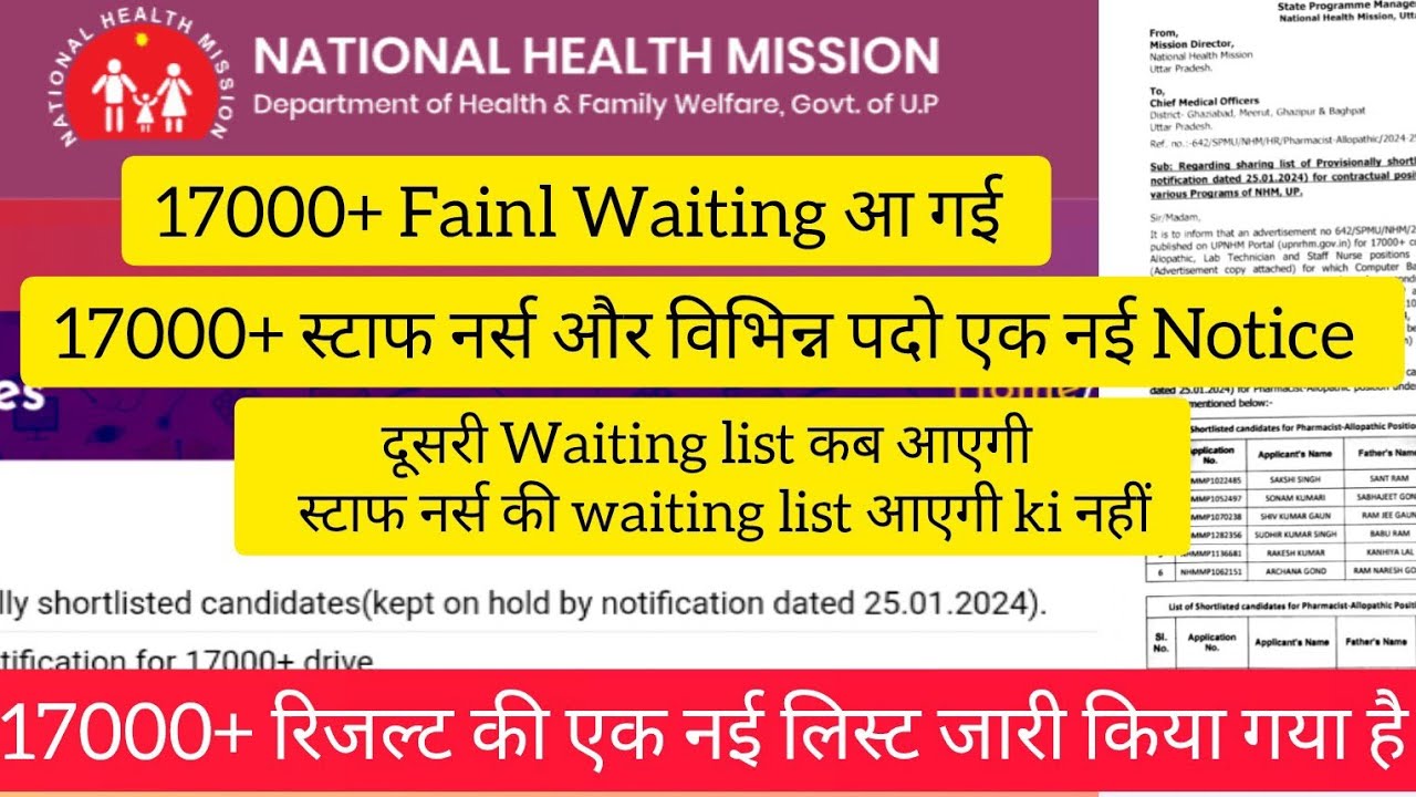 UP NHM 17000+ Waiting List Staff Nurse Pharmacist and Lab Technicians Results| Waiting list Notice