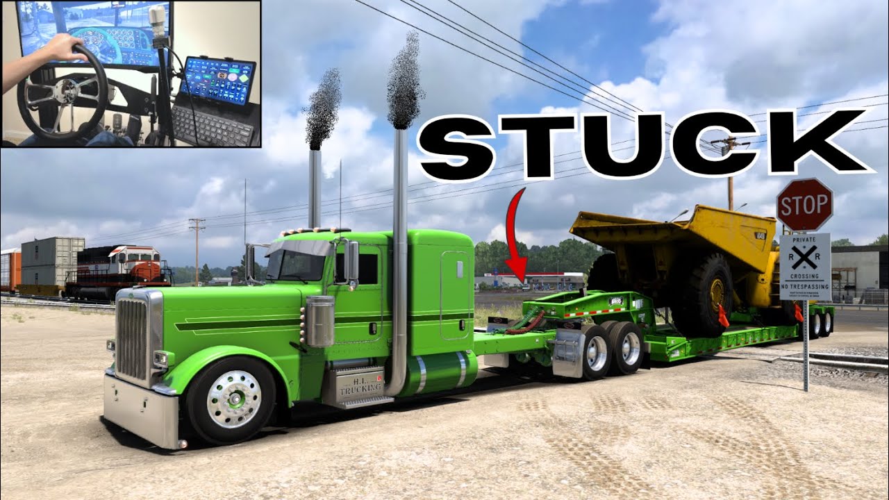Hauling a Lowboy Over Train Tracks - (Stretched Peterbilt 389) - American Truck Simulator