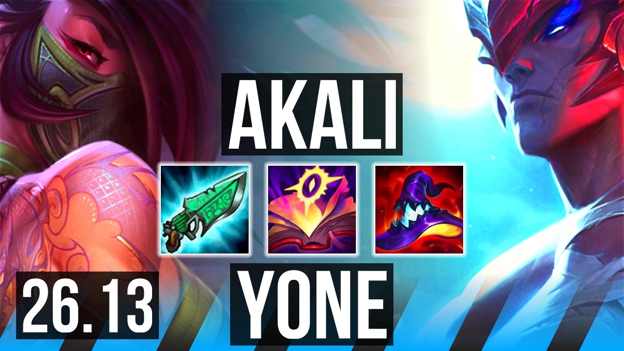 AKALI vs YONE (MID) | Good KDA: 28/1/7, 52K damage | KR Challenger | 26.13