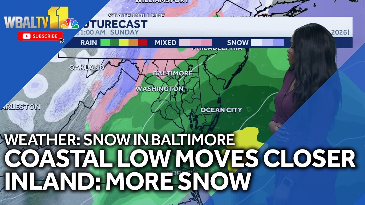 Track of coastal low closer inland means more snow
