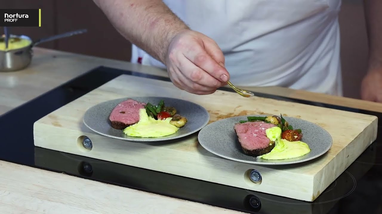 Gilde Storfe Mørbrad Medaljong med sauterte grønnsaker og hollandaise med urteolje NorturaPROFF