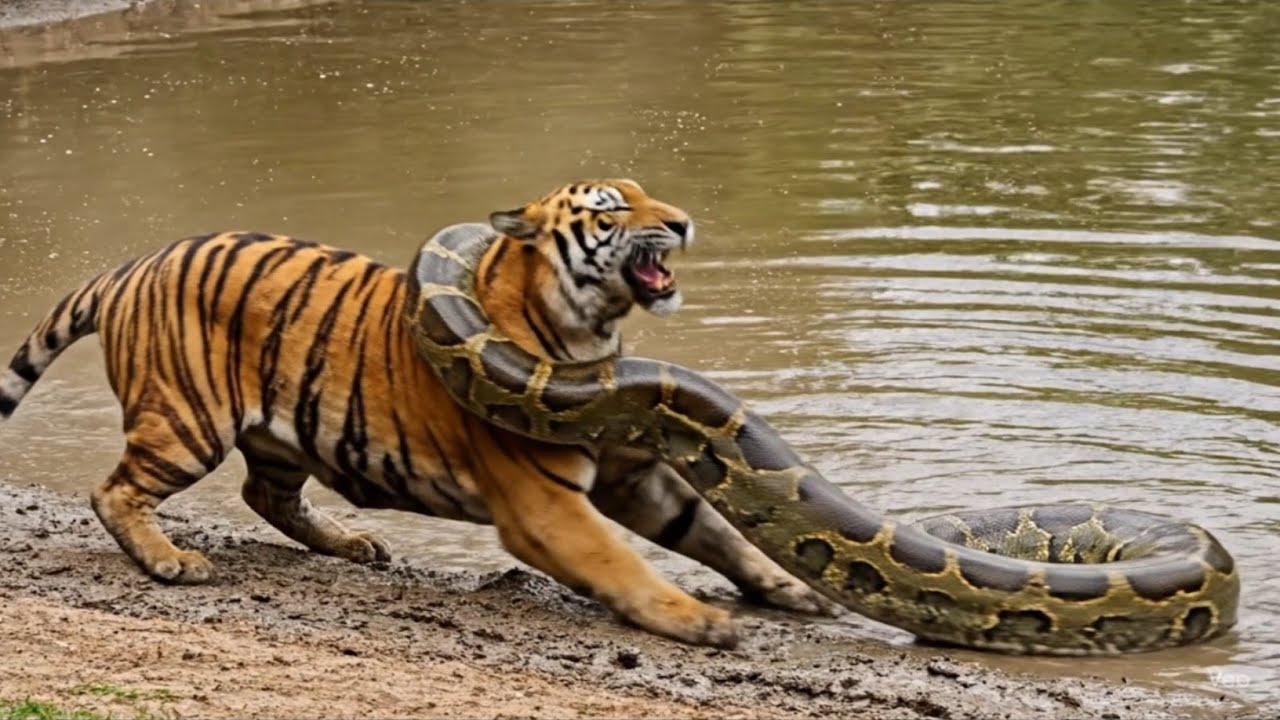 Tiger Attacked by Giant Anaconda at Desert Pond | Real Wildlife Camera Footage 🐅🐍