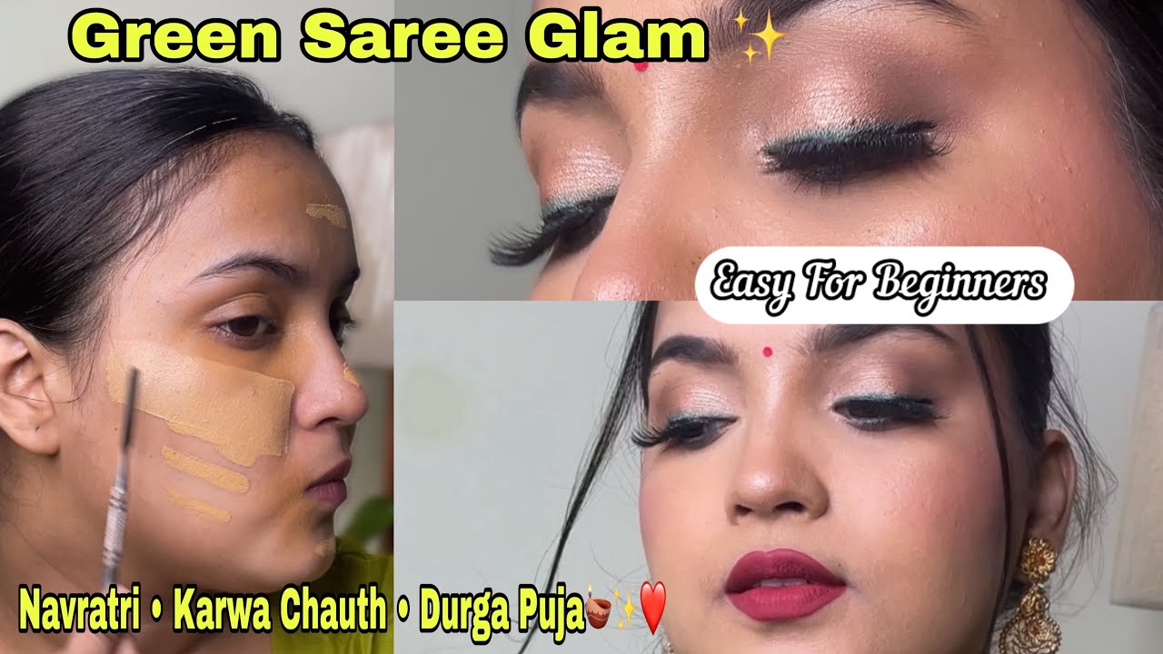 Easy Green Saree Makeup Tutorial | Navratri, Karwa Chauth & Durga Puja Glam 