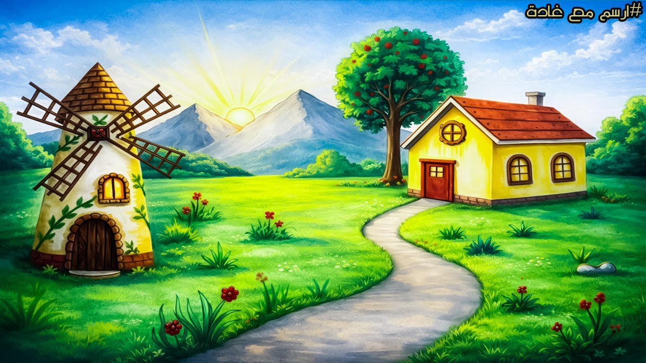 رسم منظر طبيعي سهل وبسيط لطاحونة ومنزل وأرض خضراء|A simple and easy landscape drawing