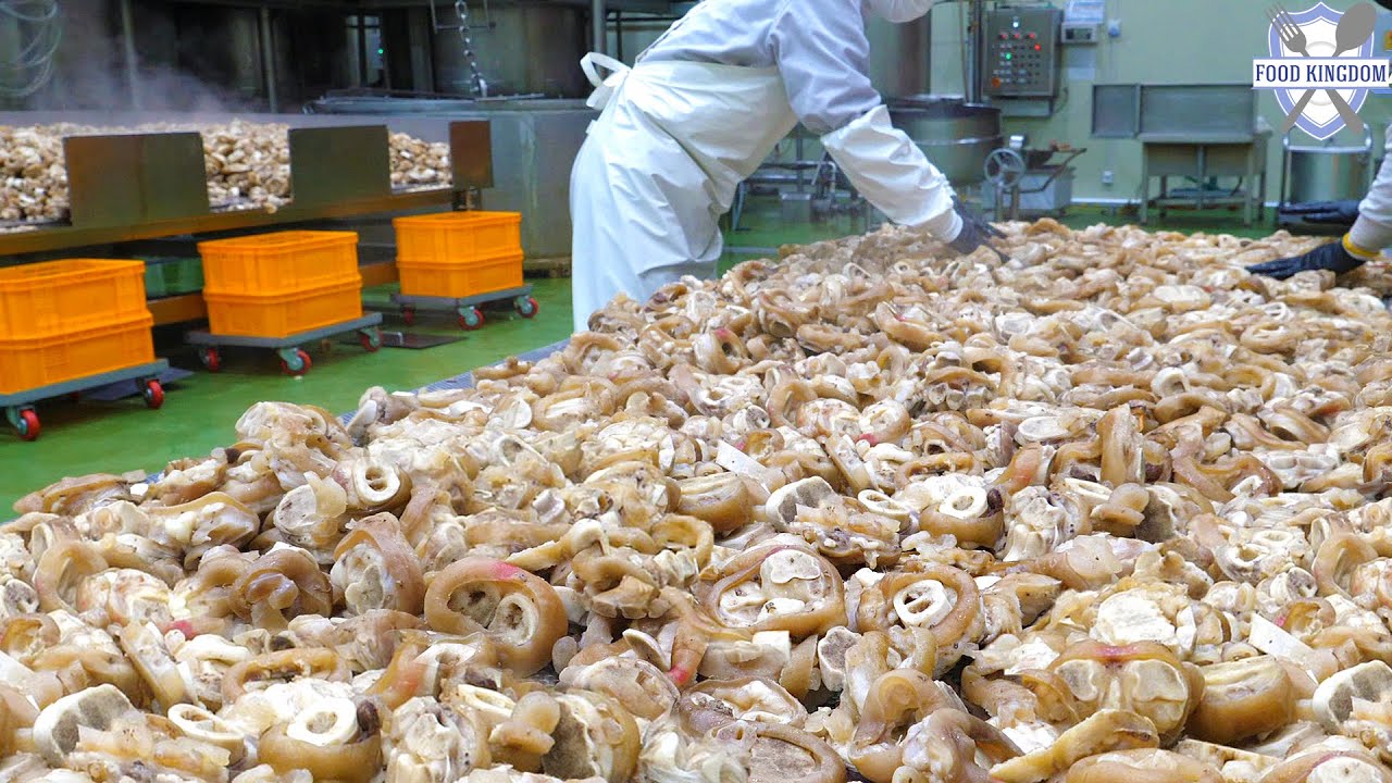 Производство большого количества продуктов питания в гигантском котле-пищевой фабрике