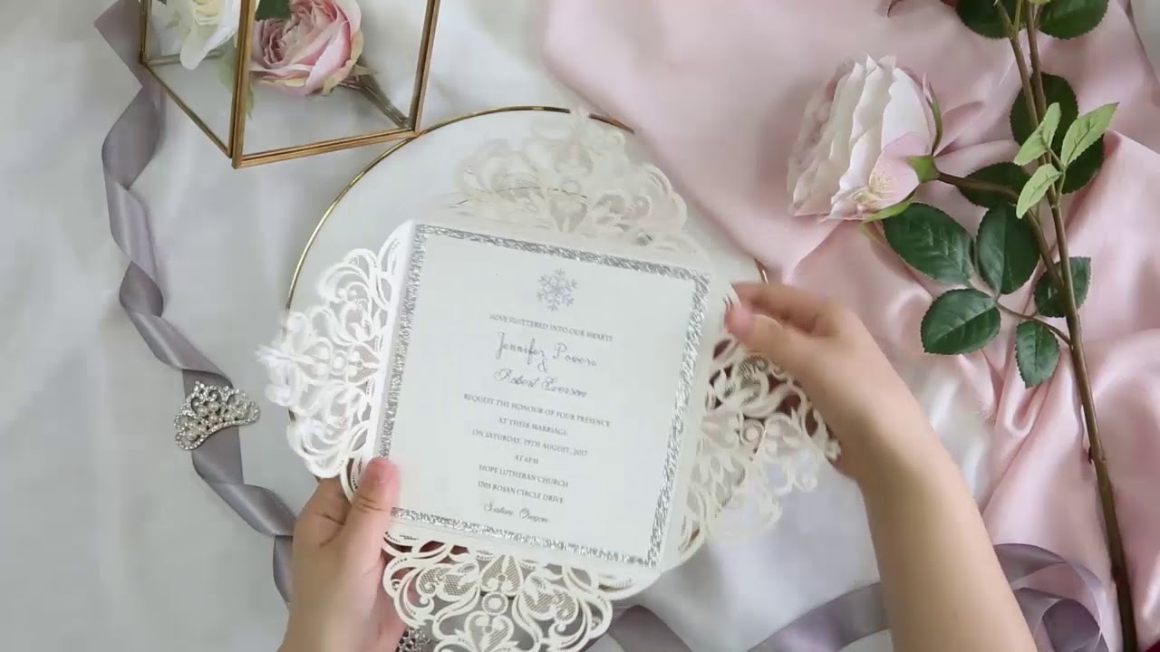 elegant winter snowflake glittery laser cut wedding invitations with custom belly bands EWWS211